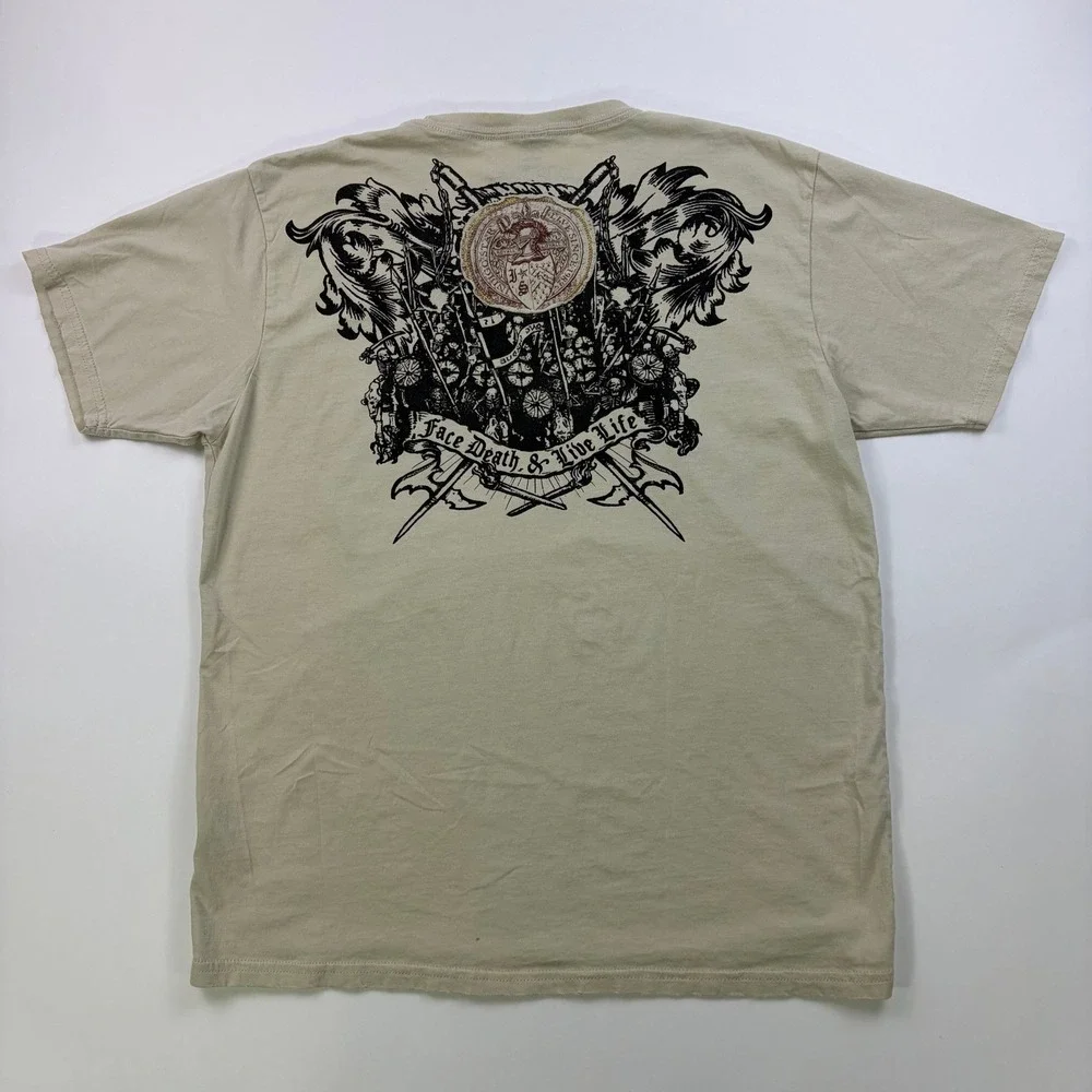 Y2K Indigo Star Graphic T-Shirt Mens Large Beige Face Death Live Life Tee